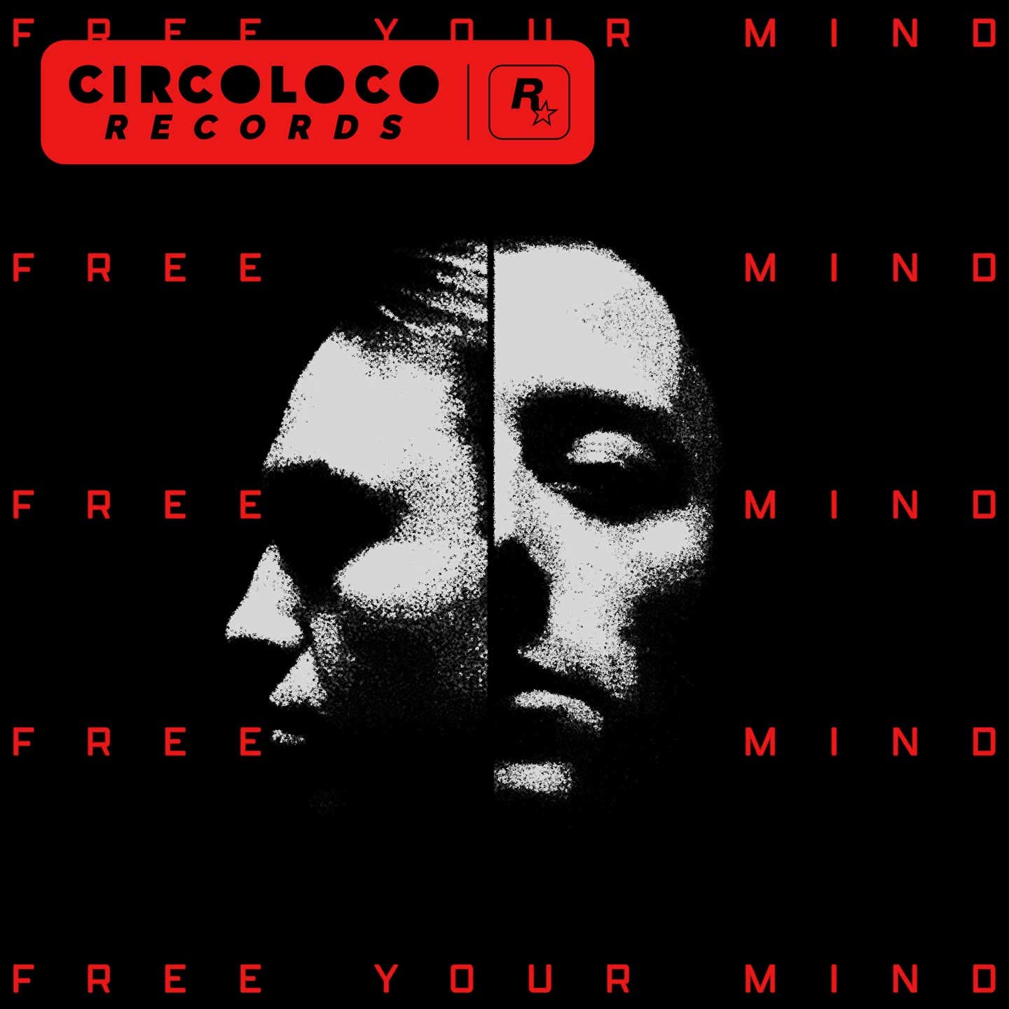 Free Your Mind album cover: two halftone faces in black and white with red type